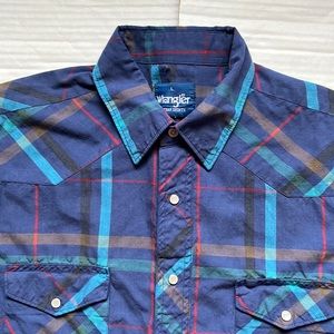 Wrangler Mens Large Blue Plaid Pearl Snap Short Sleeve